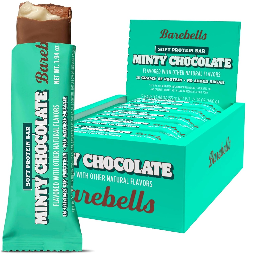 Barebells Soft Protein Bars, Minty Chocolate - 12 Count, 16g High Protein Treat - Chocolate Nutrection Bar dengan 1g Total Sugars - On The Go Breakfast or Posttout Snack