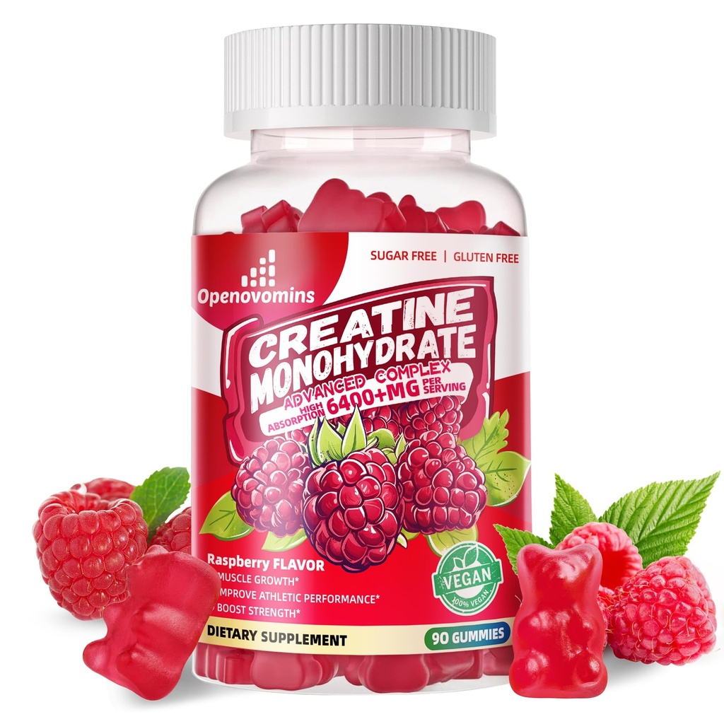 Cretine Monohydrate Gummies Complex 6400mg for Men & Women -Advanced Formula W / L-Taurine + Vitamin B12, Sugar Free Chewable Supplemen, 90 Raspberry Gummies