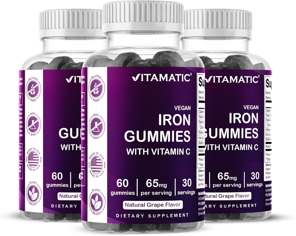 Vitamin Besi 65 mg Gummies Tambahan Perempuan & Pria - 60 Vegan Gumi Besar Vitamin Besi dengan Vitamin C (3)