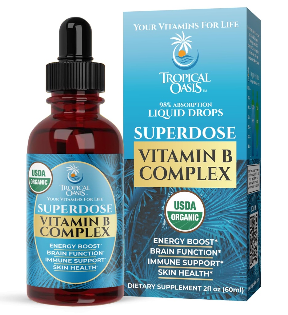 Superdosis Organic Vitamin B Complex Liquid Drops 14; 125.000% DV Vitamin B12, B12, B6, Biotin, Niasin, Niolate 124; Energy, Brain Health, Imune Support 124; USDA Organik, Vegan, Non-GMO 124in, 60 Serv, 2 Mo.