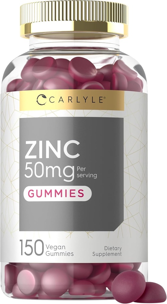 Carlyle Zinc 50mg Gummies 124; 150 Count 124; Vegan, Non-GMO dan Gluten Free Formula 126; Zinc Citrate Dietary Supplemen