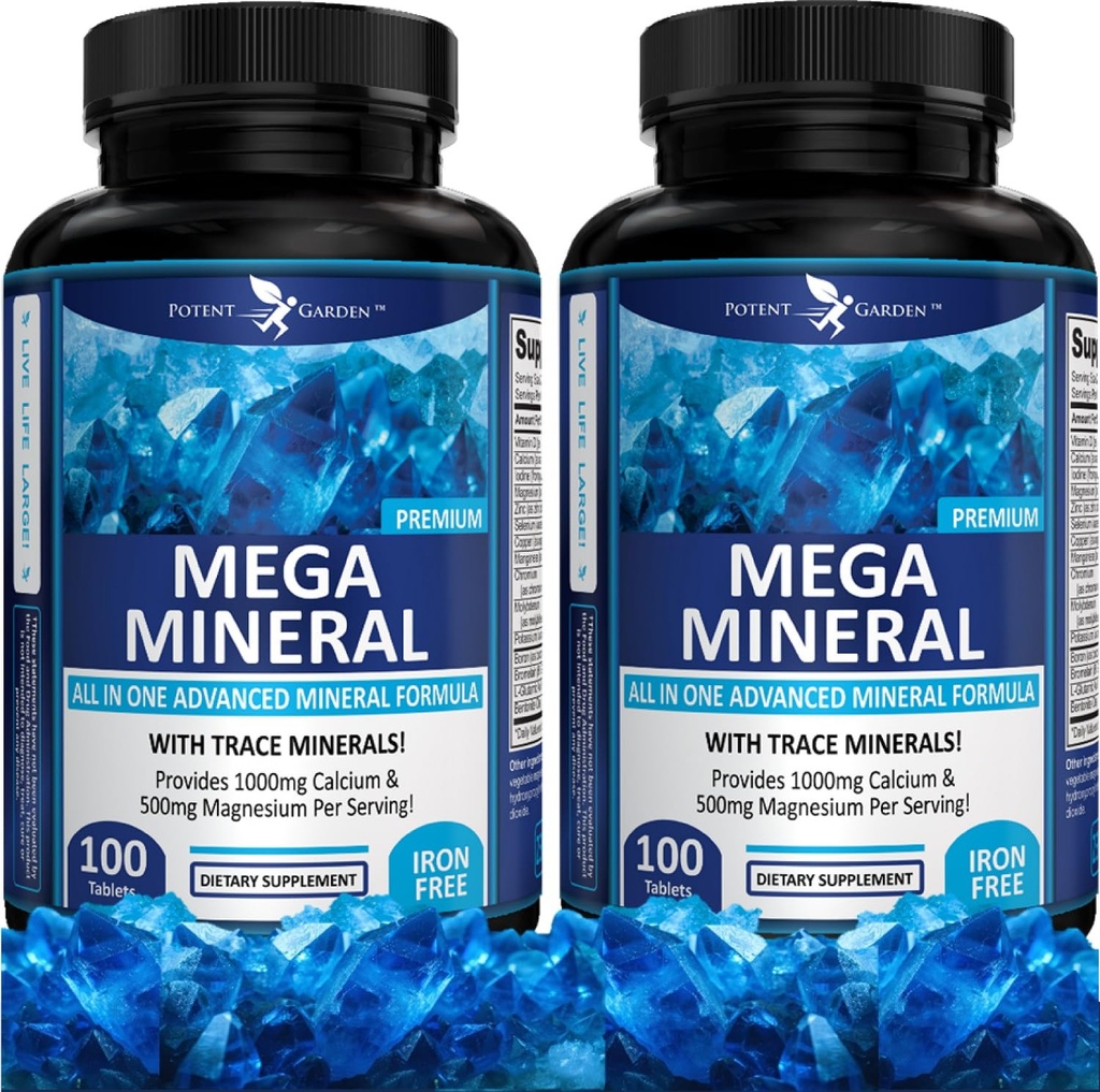 Scan Garden 2-Pack Mega Mineral Suplement Compleks Mineral Lengkap dengan Calcium Magnesium Zinc Potasium Boron Selenium Chromium & 72 Trace Mineral Free Calcium Supplemen -200 Pil Kalium Bebas Besi