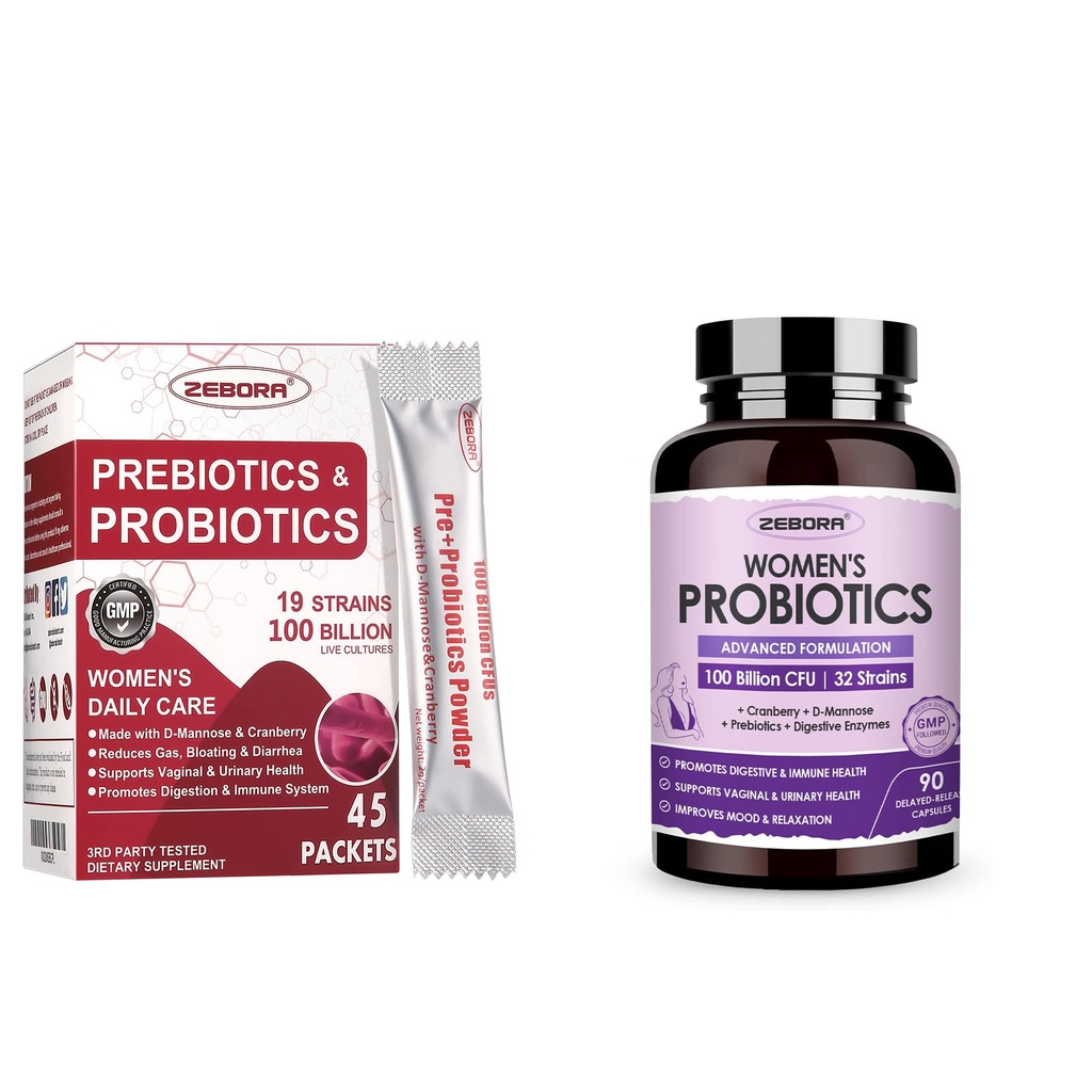 ZEBORA Probiotic-for-Women 100-Milyar-CFUs with Pregities, D-Mannose & Cranberry for Digestrive, Imune, Feminine UT Health Dup, Ultimate Probiotic Women 's Care, Soy & Gluten Free, 45 Packet