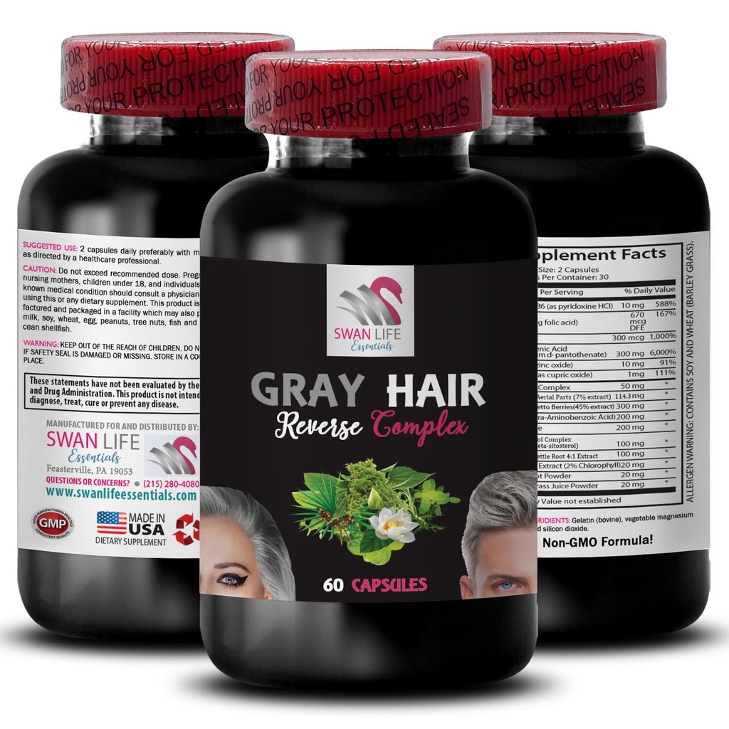 Suplemen Rambut Abu-abu - GRAY HAIR REVERSE - rambut revitalisasi, warna rambut yang intens, bersinar alami, warna dinamis, penampilan rambut baru, bersinar rambut, getaran segar, warna-energi 1Bot 60Caps