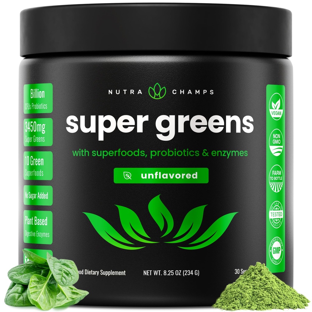 NutraChamps Super Greens Powder Premium Superfood 124; 20 + Organic Green Vedgie Whole Foods 124; Wheat Grass, Spirulina, Chlorella Antioksidant, Digeoxidant Enzyme & Probiotic Blends (9.0 Oz, Unflabited)