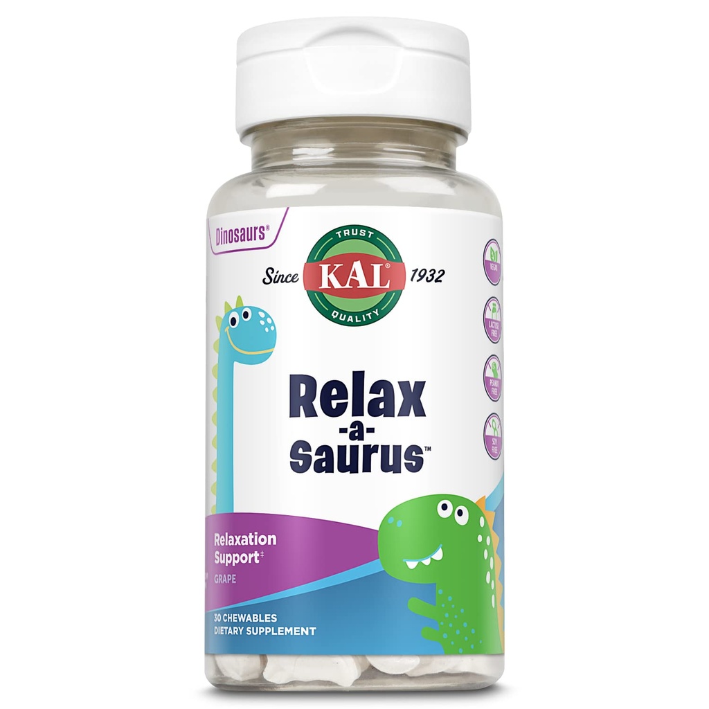 KAL Relax-a- Saurus, Stress Supplemen Dukungan untuk Anak-anak, L- Theanine untuk Anak-anak dengan Relief Herbal Stress & Relaxation & Blend, Delicious Natural Grape Flavor, garansi 60- Day, 30 Chewables
