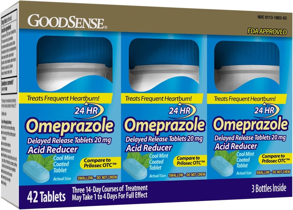 GoodSense Omeprazole Delayed Rilis Tablets Coated 20 mg, Cool Mint, Treats Freedent Heartburn, Acid Reducer, Heartburn Medicine, 42 Count