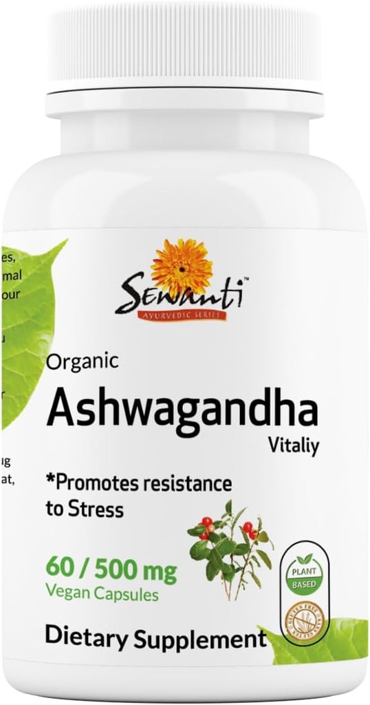 Sewanti Organic Ashwagandha Capsules - Natural Stress Relief & Energy Boost - Dietary Suplemen Tinggi Ekstrak 60 Vegan Capsules - 500mg