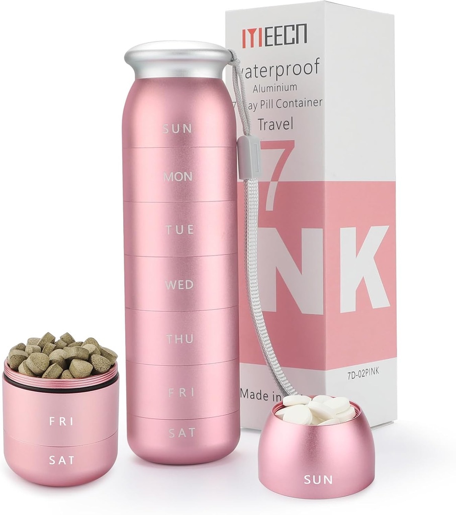 Weekly Pill Organizer, Portable Travel 7 Day, Waterproof Container, Large, Aluminum, Metal, Hold Vitamins, Cod Liver Oil, Suplemen dan Obat-obatan (Pink)
