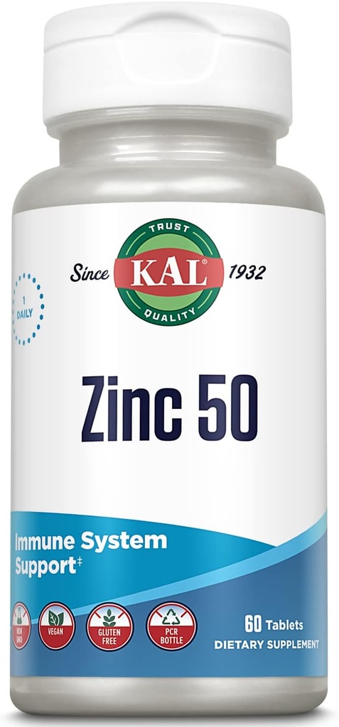 KAL Zinc 50mg Hydroxy Acid Complex, Healthy Metabolisme dan Imune Suppport with Zinc Ostrour, Zinc Citrate, Enhanced Absorpsi w / ActiSorb, Vegan, Gluten Free, Non-GMO, 60 Serv, 60 tablet