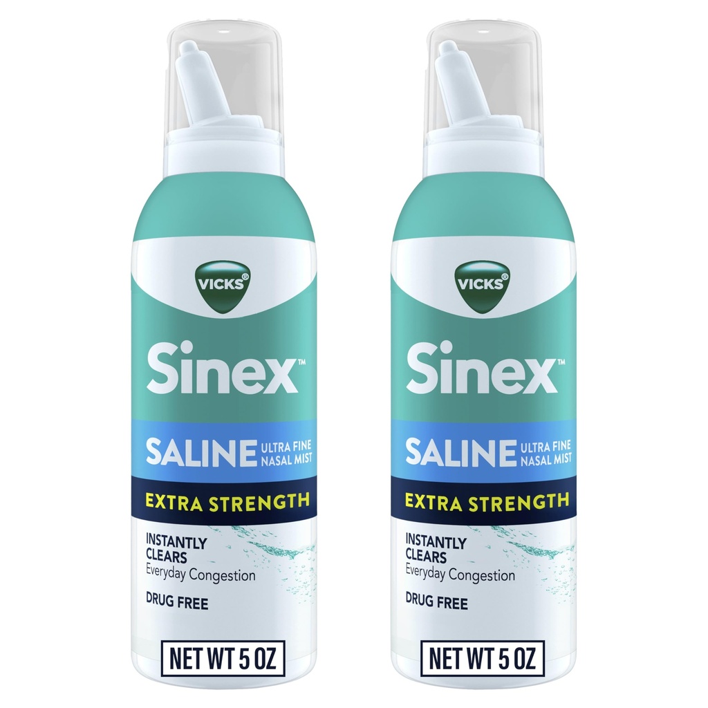VICKS Sinex Saline Extra Nasal Spray, 3X concentrated * Drug Ultra Fine Mist, Instantly Clears Mucus, Ultra concendered to Clear Consultion Fast, Safe for Daily Use, 5 OZ x 2