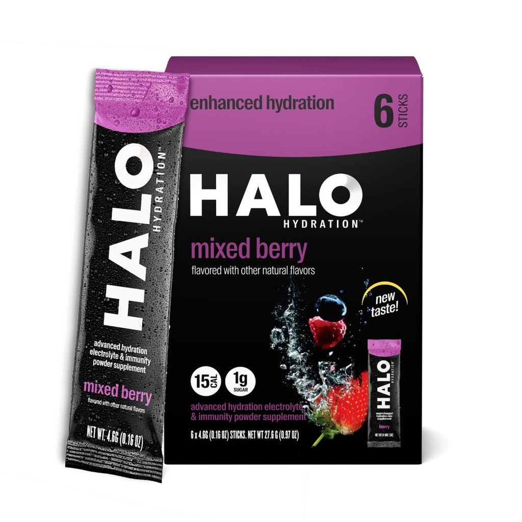 HALO Hidration - Electrolyte Drink Mix 124; Hidration Powder Packets 12.4; Berry Flavor - For Olahraga dan Cycling 124; Easy Open Single Serving Stick 124; 6 Sticks