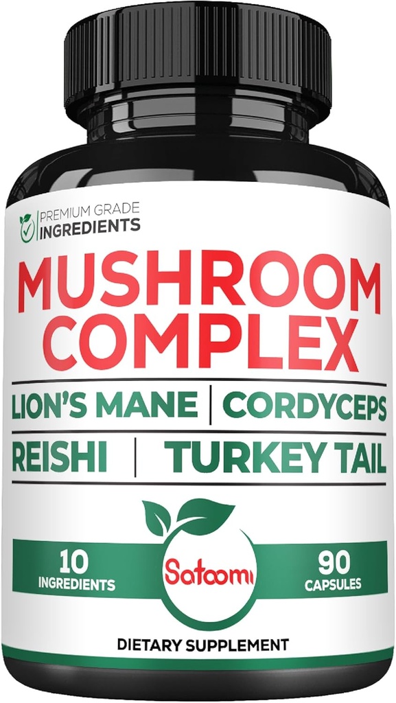Satoomi 10in1 Lions Mane Suplemen - Dicampur dengan Cordyceps Sinensis, Reishi Mushroom, Turkey Tail Jamur & Lainnya - 90 Hitung untuk 3 Bulan