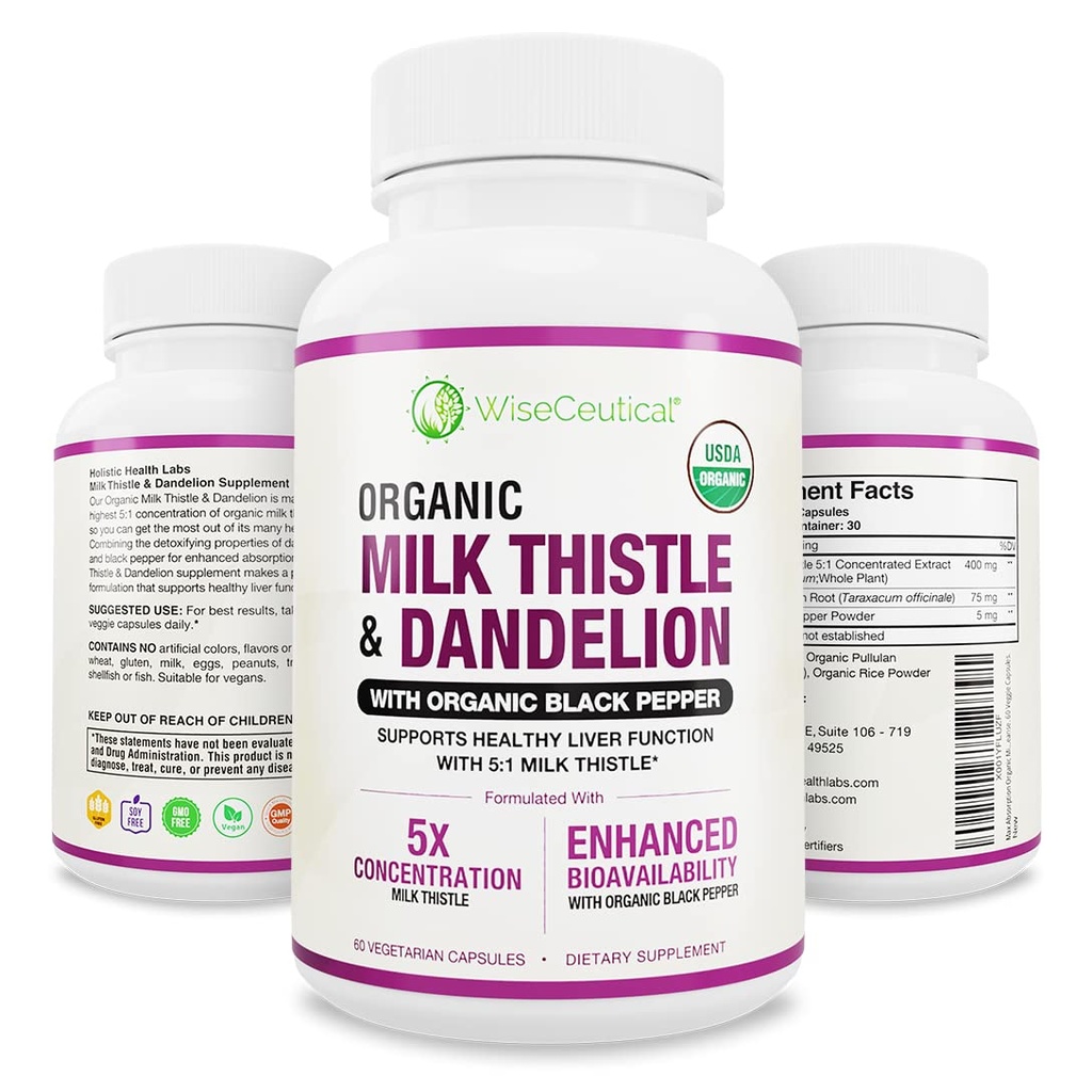 Max Absorpsi USDA Organic Milk Thistle Scan 5: 1 Extract konsentrasi (2000mg Kekuatan) & Organic Dandelion Root 124; Silymarin Antioksidant Flavonoid 124; Dukungan Hati (60 Count (Paket 1)