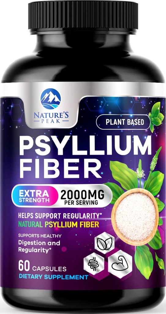 Psyllium Husk Fiber Suplemen 1500mg - Vegan Prebiotic, Soluble Fiber for Daily Digetical Health & Regularitas Dukungan, Natural Psyllium Powder Caps, Sugar- Free, Non-GMO & Gluten- Free - 60 Capsules