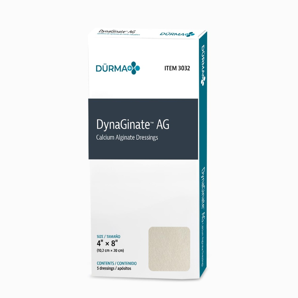 Dynarex DynaGinate AG Silver Calcium Alginate Dressings - 4 "x8", Calcium Alginate Wound Dressing with Silver Ions, 1 Kasus 50 DynaGinate AG Dressings - 4 "x8" - 1 Box of 5