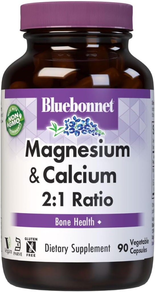 Bluebonnet Nutrition Magnesium & Calcium 2: 1 Rasio, Bone Health *, Non-GMO, Vegan, Kosher Certified, Gluten- Free, Soy- Free, Dairy- Free, 90 Vegetable Capsules, 30 Servis
