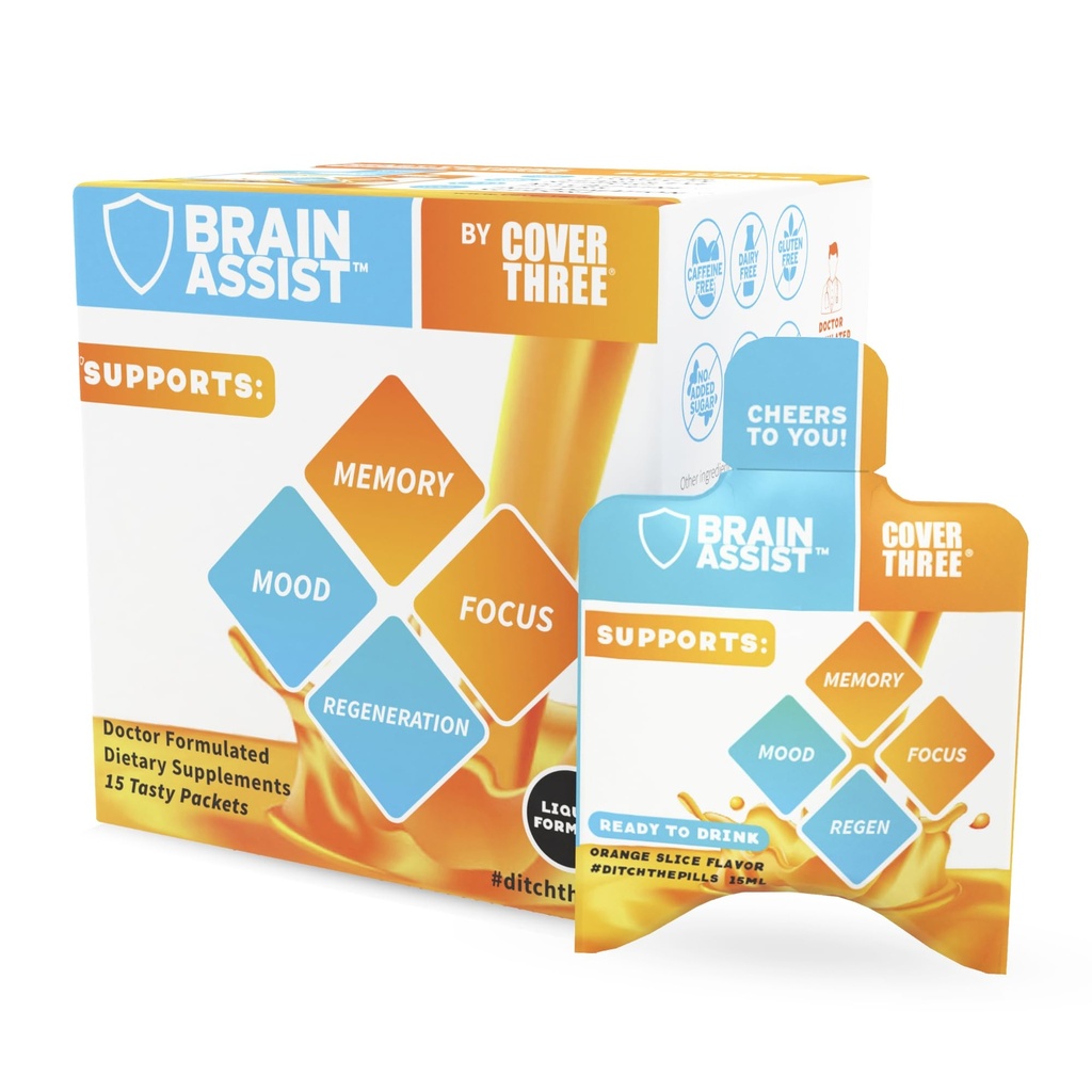Cover Three Brain Assist Brain Supplement, Nutronational Focus Supplemen Curcumin, Uridine, Oranye Iris Liquid Brain Dukung Formula, High Performance Memory Suplemen