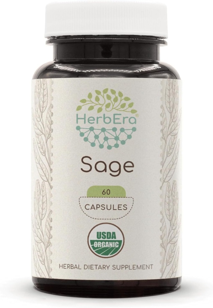 HerbEra Sage 60 Capsules, 500 mg, USDA Organik Sage (Salvia officinalis) Dry Leaf (60 Capsules)