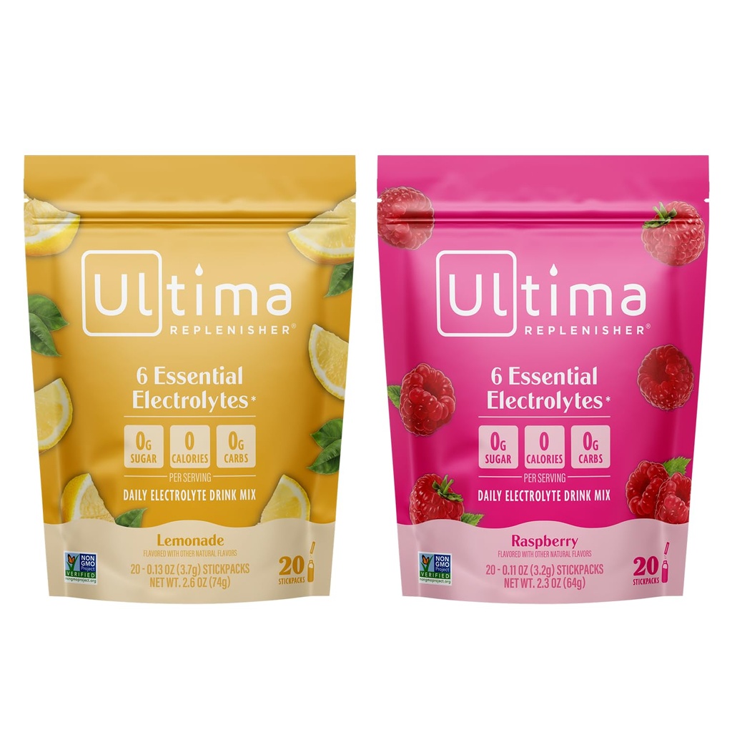 Ultima Replenisher Electrolyte Powder Drinder Mix Bundle - Sugar Free - Sugar - Lemonade dan Raspberry, 20 Stickbags - 6 Electrolite dan Mineral - Keto Friendly, Vegan, Non-GMO