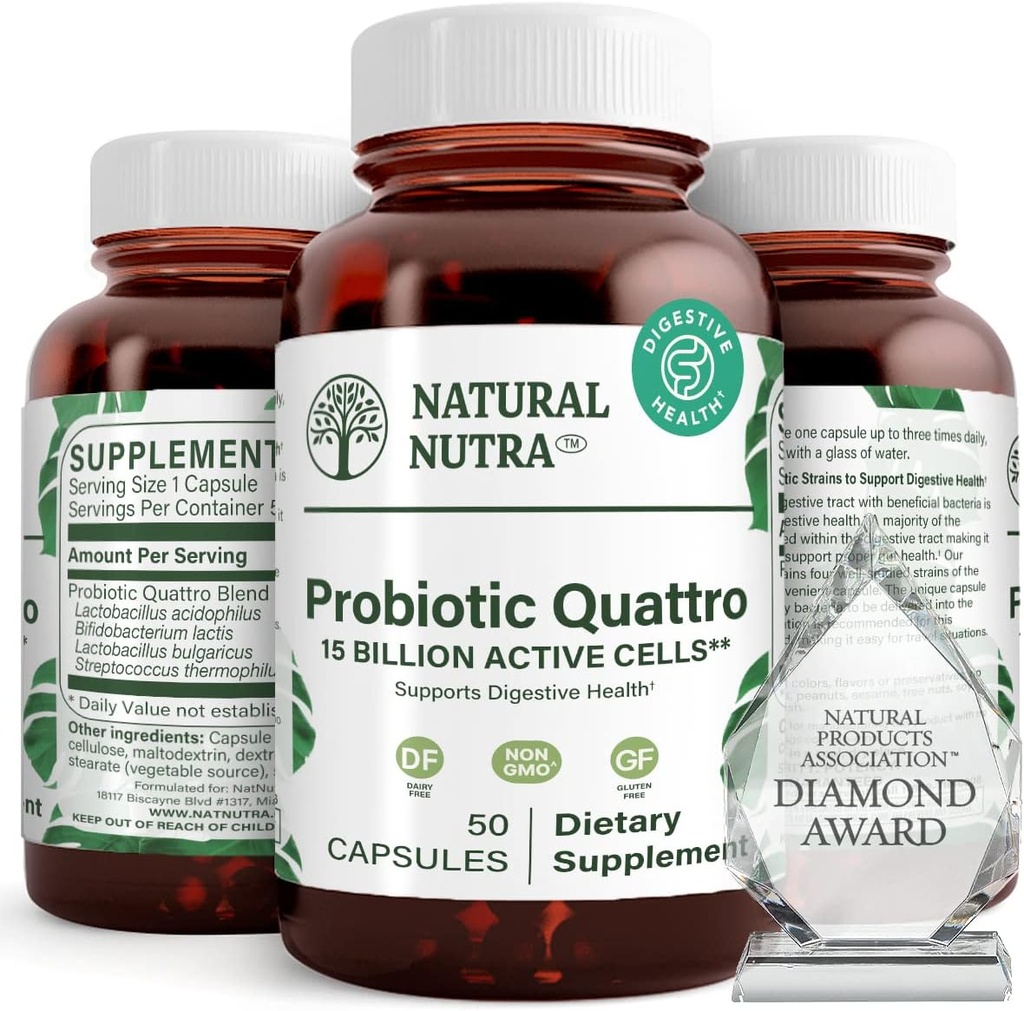 Natural Nutra Probiotic Quattro - Advanced Probiotic Suplement with 4 Strines Powerful Strains Including Lacleillus Acivoilus, Bifidus - Support Digetical and Ammune Health - 50 Vegetarian Capsules