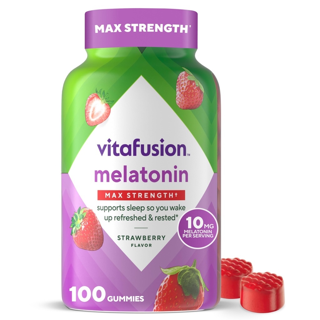 vitafusion Max Kekuatan 10 mg Melonain Gummies, Strawberry Flavored, Dewasa Melonatin Gummy Vitamin Suplemen, 100 Count, 50 Hari Suppply