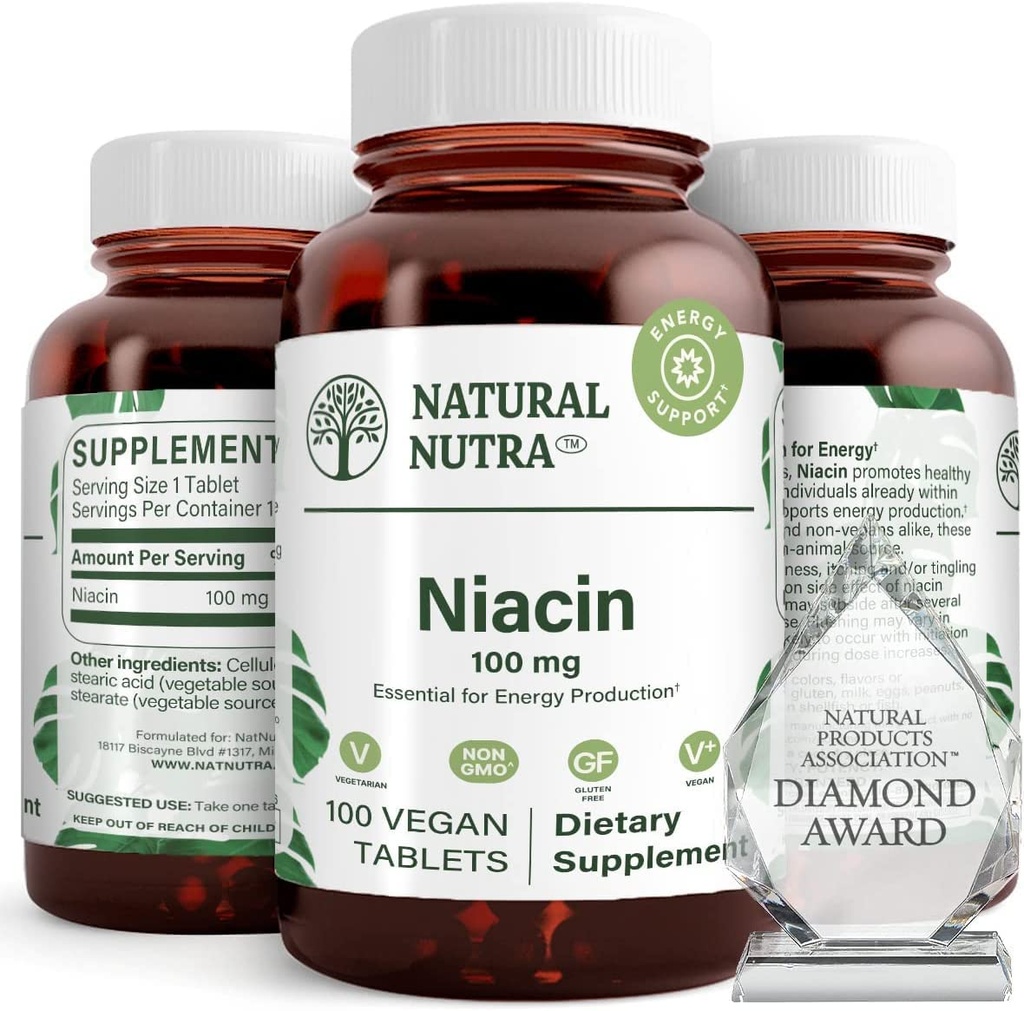 Suplemen Nuttra Natural Niasin untuk Energi, Bantuan Mempertahankan Fat Tubuh, Gangguan Impreve, Promotes Skin Kesehatan, Fungsi Energi Boost dan Otak, Bukan-GMO, Bebas, 100 mg, 100 Tablet (Paket 2)