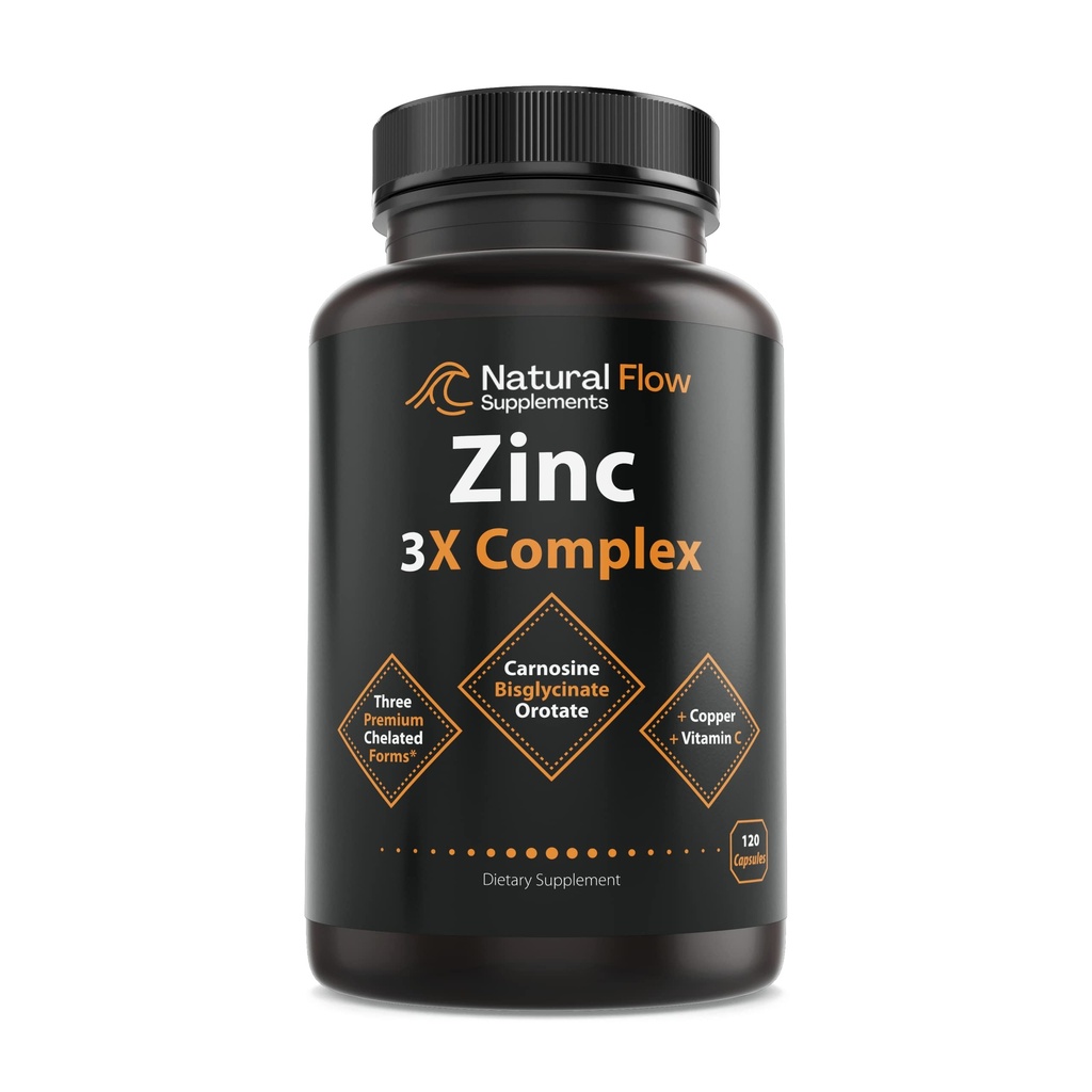 Kompleks Tambahan Zinc dengan Copper dan Vitamin C - Natural Flow 3C Zinc Carnosine, Bisglycinate Chelate, Ocpin, Chela Copper, Easy on The Stomach, Skin and Immune Support, 120 Capsules