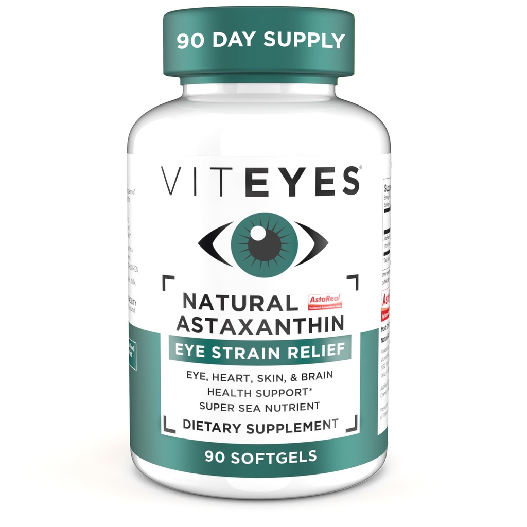 Viteyes Natural Astaxanthin, Relieve Retiest Eyes & Eye Strain, Sourced from Algae, Skin Hydration, Heart & Brain Health, 4-8 mg Natural Astaxanthin, 90 Softgels