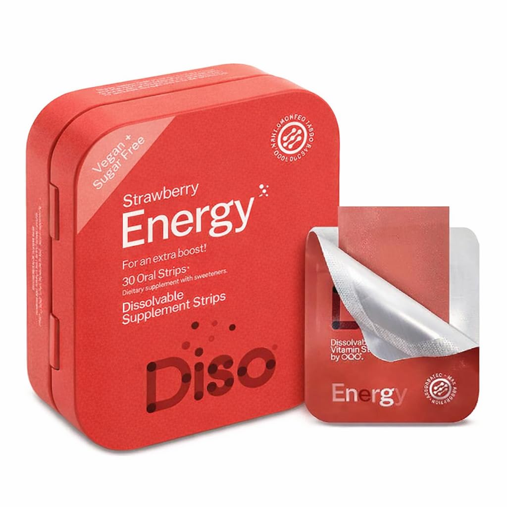 DISO - Energy - Fast- Dissoling Caffeine Strips dengan Vitamin, Strawberry Flavor, Vegan, Sugar Free, Tinggi Absorpsi, Gluten Free, Individually Wrapped, 30 Dissolable Strips