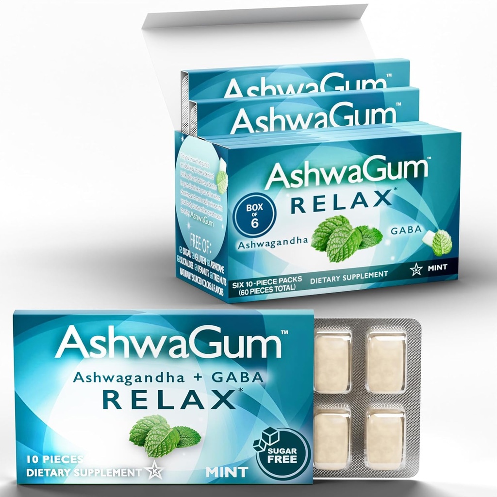 AshwaGum RELAX Gum oleh BetterGum, Tambahan Potency Tinggi dengan KSM 66 Ashwagandha dan Gaba, Dukungan Stres dan Anxiety Relief, Dukungan Cortisol, Alternatif ke Gummies, Sugar- Bebas, 10 Pises - 6 Pack