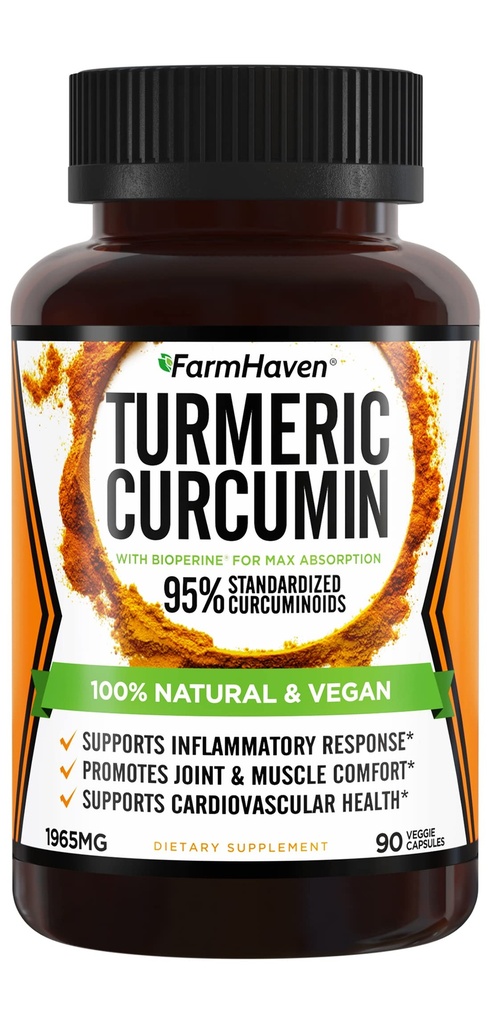Turmeric Curcumin dengan BioPerine Black Pepper & 95% Curcuminoid, 1965mg, Absorpsi Maksimum untuk Dukungan Bersama, Katup Turmeric Non-GMO, dibuat di USA - 90 Veg Caps