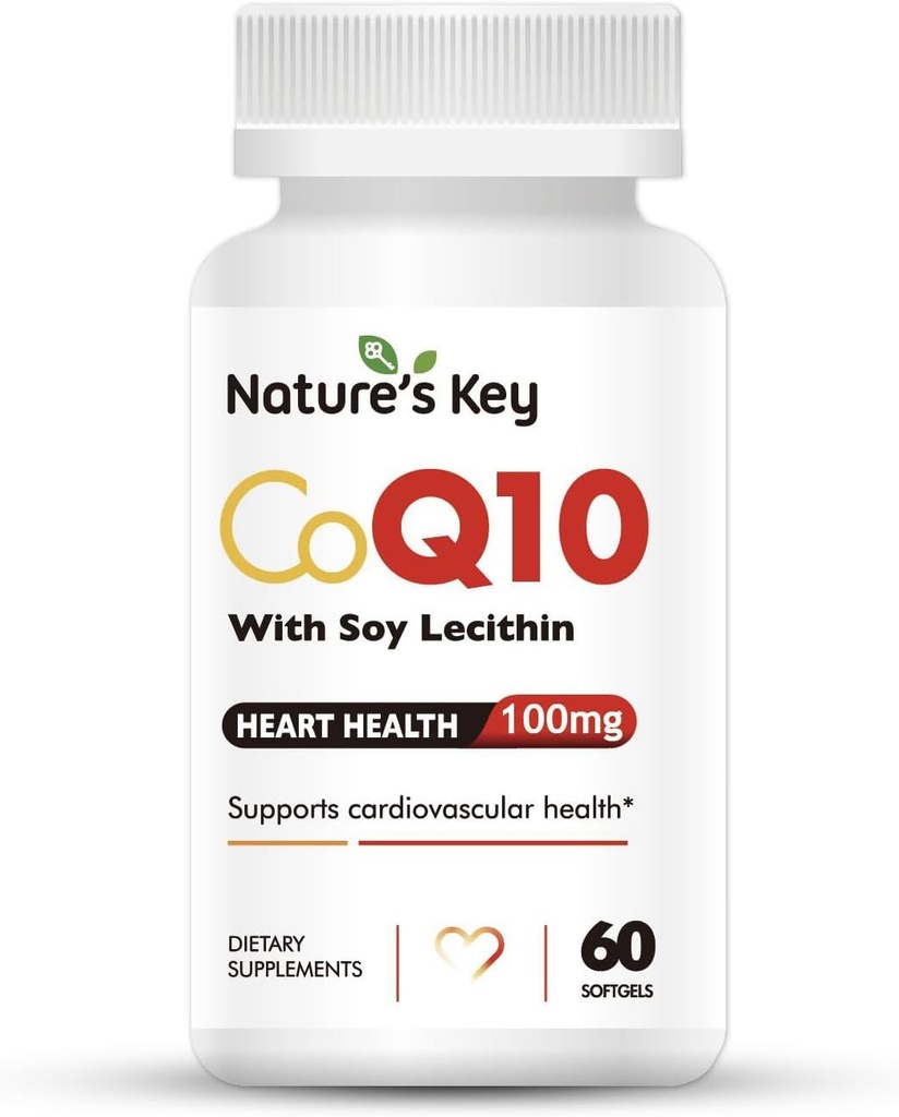 Nature 's Key CoQ10 200mg Softgeels - 3X Better Absorbtion Water Solubble Coenzim Q10 for Heart Health dengan 50mg Soy Lecithin - 1 Bulan Suppply (60 Counts)