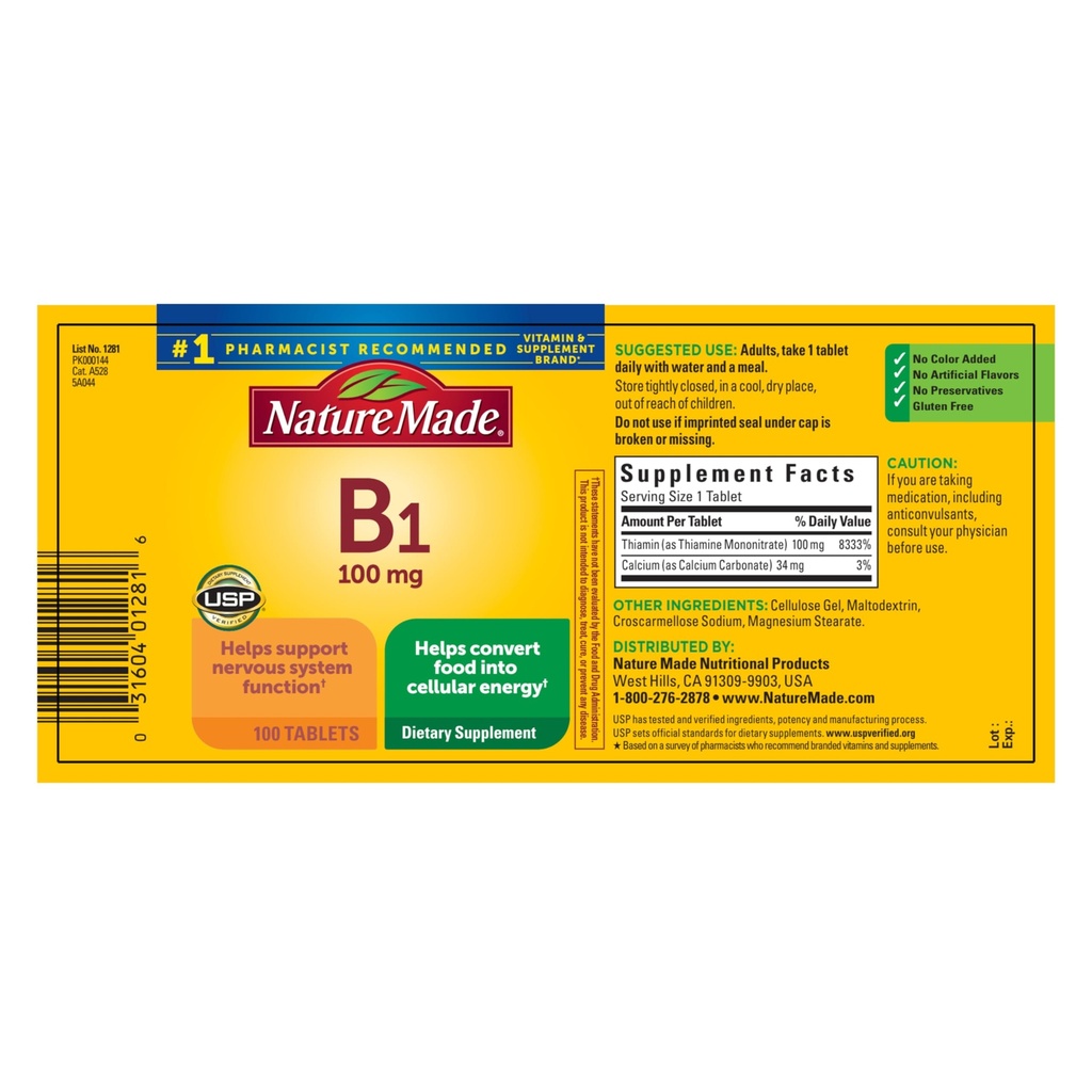 Nature Made Vitamin B1 100 mg, Dietary Supplemen untuk Energi Metabolisme Dukungan, 100 Tablet, Tambahan 100 Hari