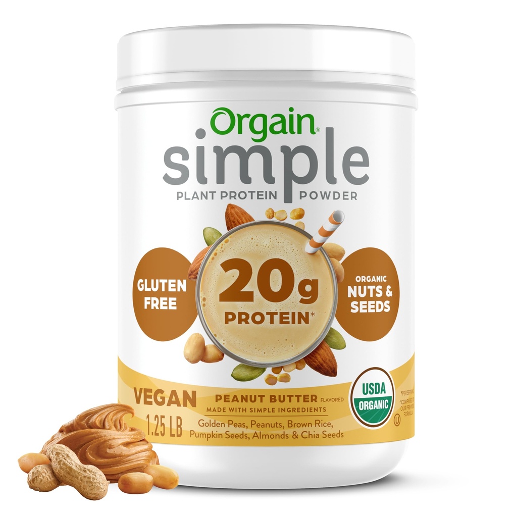Orgain Powder sederhana Vegan, Peanut Butter - 20g Plant Based Protein, Dengan kurang Ingrediers, Tidak Ada Sweeteners Artificial, Gluten Bebas, Tidak Dairy atau Laktosa, 1.25 lb (Packaging May Vary)