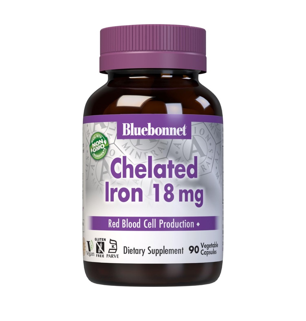 Nuklir Bluebonnet Chlated Iron 18 mg - non-constipating Iron - Soy- Free, Gluten- Free, Non-GMO, Kosher Certified, Dairy- Free, Vegan - 90 Vegetable Capsules, 90 Servings