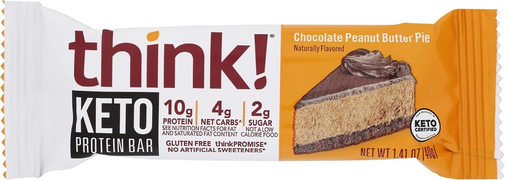 Pikirkan! Protein Bars, Snack Protein Tinggi, Gluten Bebas, Sugar Free Energy Bar dengan Isolasi Whey Protein, Chocolate Peanut Butter Pie, Nutremition Bars tanpa Sweeteners Buatan, Keto, 1.41 Oz (Paket 10)