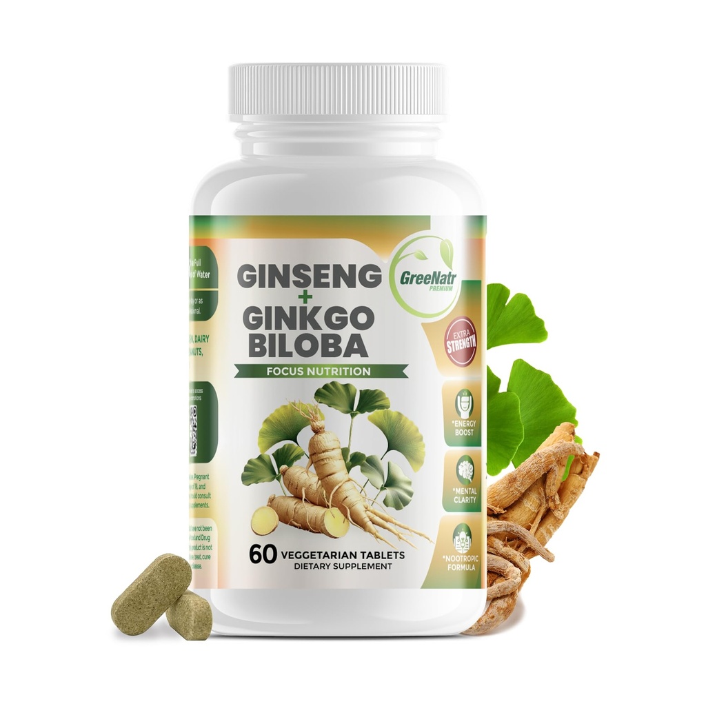 GreeNatr Ginko Biloba & Panax Ginseng Suplement - Red Ginseng Brain Suplemen Memory and Focus - Ginkgo Biloba Suplemen untuk Good Vision, Ammune System dan Imporune Devices Blood Flow - 60 tablet