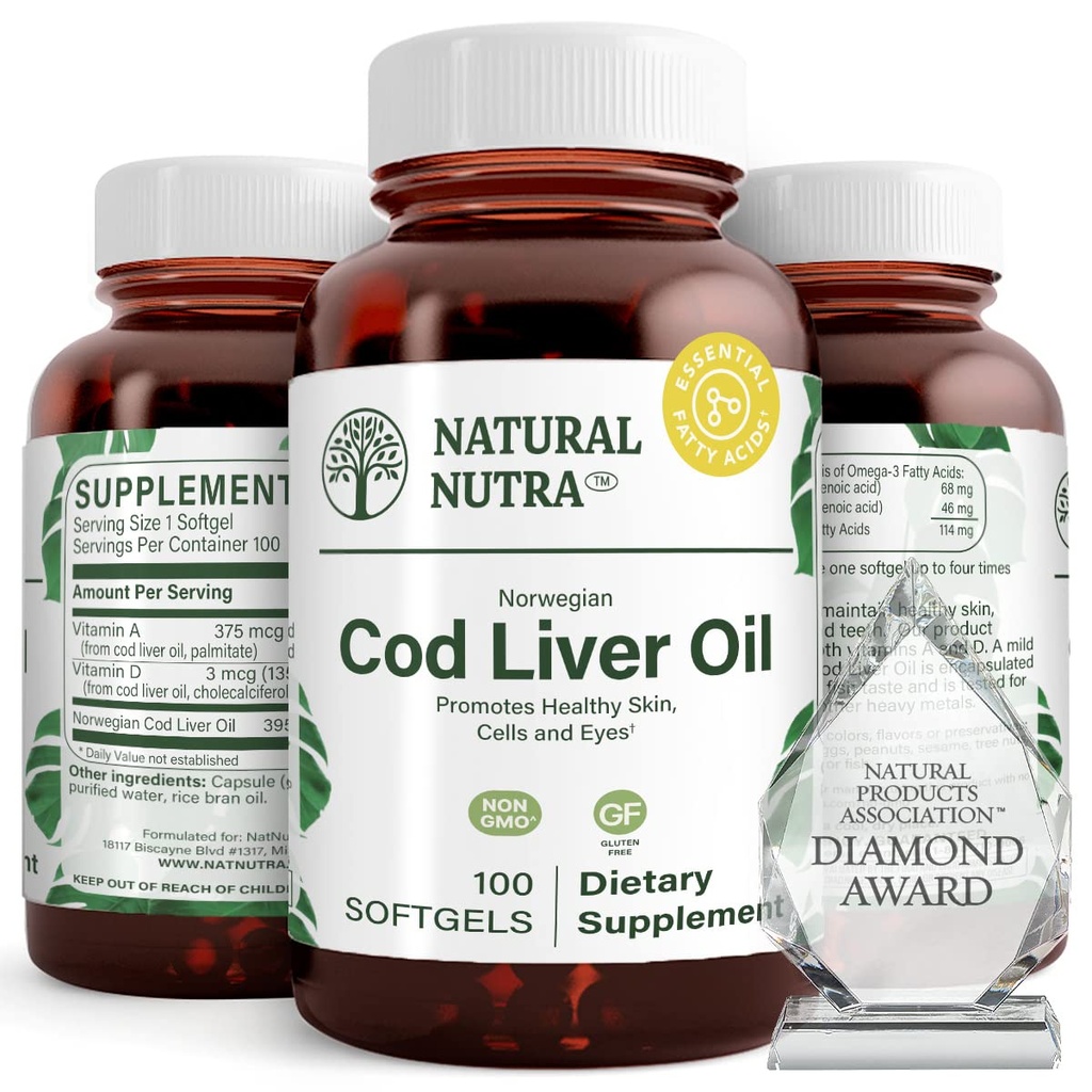 Suplemen Minyak Cod Liver Natural Nutra Norwegia, membantu mempertahankan kulit, membantu mempertahankan Kepadatan Tubuh, Fungsi Kesehatan Mata & Nerve, Promotes Kesehatan Dental, Supports Cardiovaskular Kesehatan, 100 Softgels