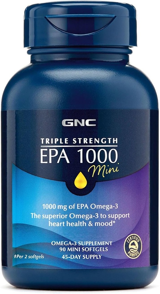 GNC Triple Power Oil EPA 1000 Mini, 1000mg Omega 3, Mini Softgels, Pendukung Mata, Otak, Skin, Triglycerides Sehat, Heart, Gabungan, Dilapisi ke Control Fishy Burps, 45 Servis