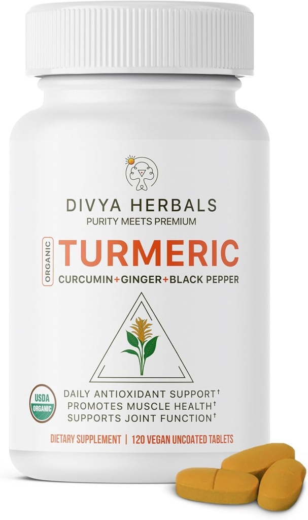Turmeric Organik & Ginger + Black Pepper - 100% Pure Whole Roots, Unprocessed, Uncoated, Autic Ayurvedic Blend - Supports Joint Health & Imunity - 120 Vegan Tab