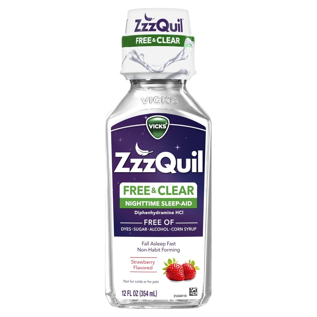 ZzzQuil, Cl malam hari, Liquid Aid Sleep, FRET OF Booze & Artificial Dyes, 50 mg Diphenhydramine HCI, No.1 Sleep Aid Brand, Fall Asleep Fast, NON-Habit Forming, Soothing Berry Flavor, 12 FL OZ