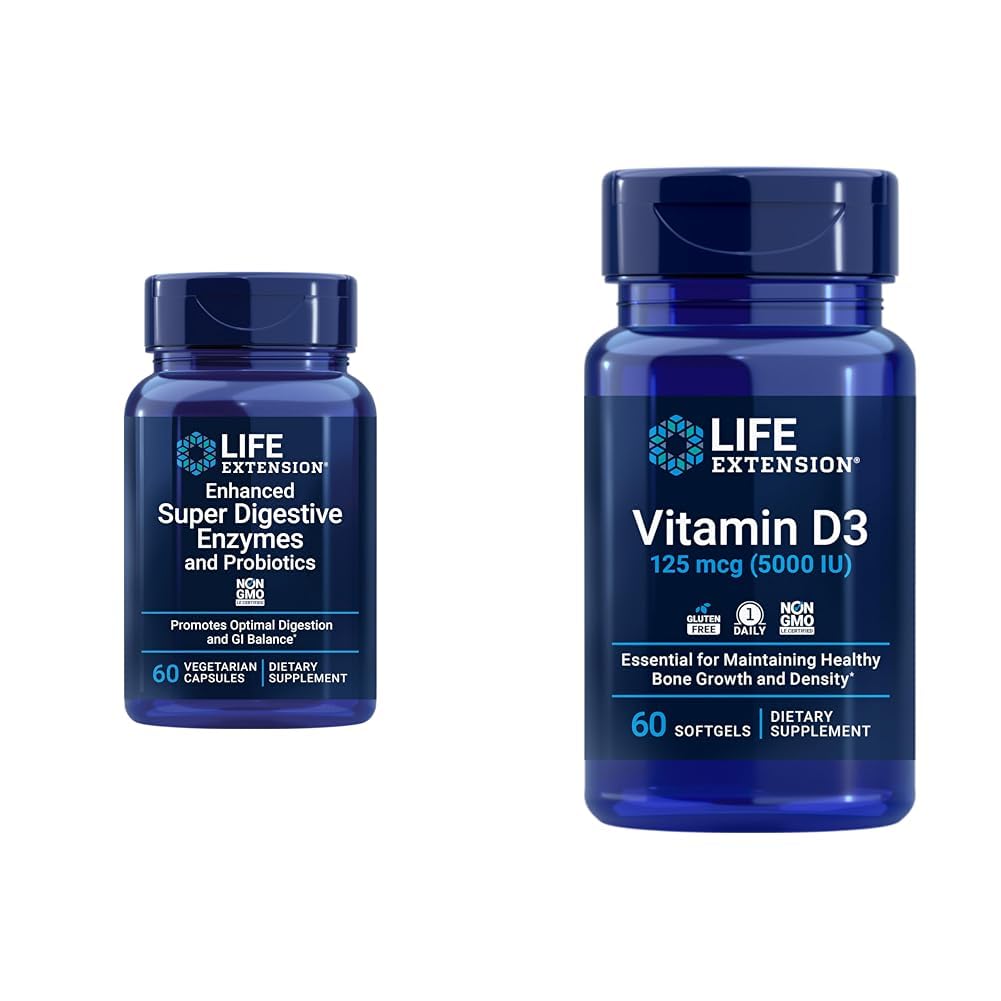 Ekstensi Hidup 60- Count Enzymes Super Digetical & 5000 Vitamin D3 Capsules for Dibuble, Bone, Brain, Immune Health