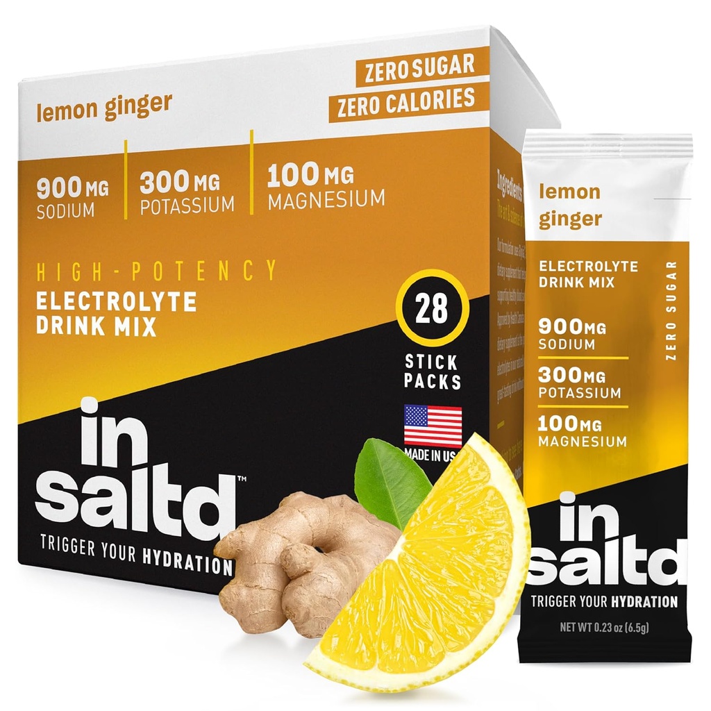 Paket Bubuk Elektrolytes Bebas INSALTD dengan No Stevia Aftertaste 124; Tinggi Potensi Paket Hidration 124; Keto Electrolite Minuman 124; Intermittent Fasting Minuman Mix 124; 28 Pack (Lemon Ginger)