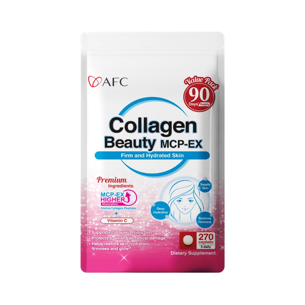AFC Japan Collagen Beauty MCP-EX dengan Marine Collagen Peptide, 1.5X Better Absorgepsi Daripada Collagen Lain, untuk Anti- Aging, Skin, Nails, Bone and Joints, untuk Perempuan & Men, 90 Days Supply