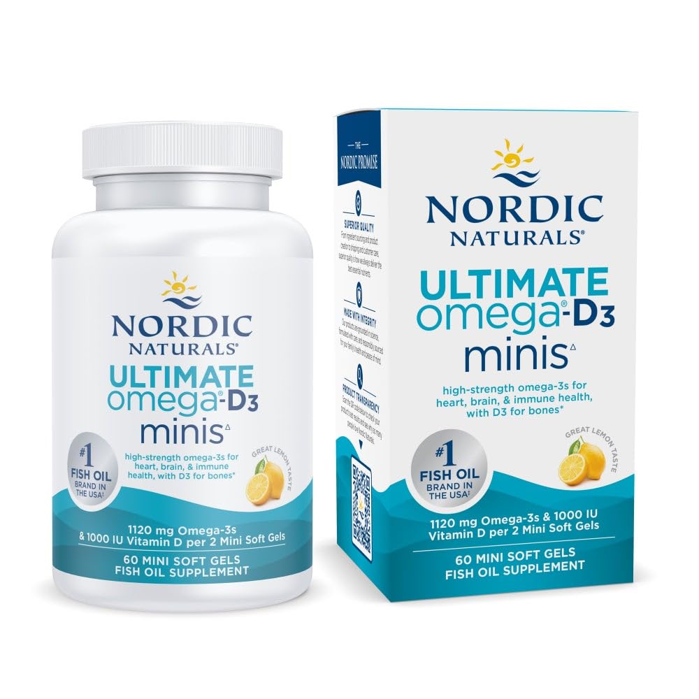 Nordic Ultimate Omega Mini D3, Lemon Flavor - 60 Mini Soft Gels - 1120 mg Omega -3 + 1000 IU Vitamin D3 - EPA & DHA - Promes Brain & Heart Health - 30