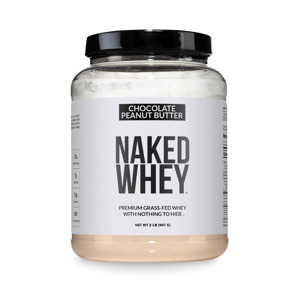 Chocolate Peanut Butter Naught Powder, Grass Fed Whey, No GMO, No Soy, and Gluten Free.
