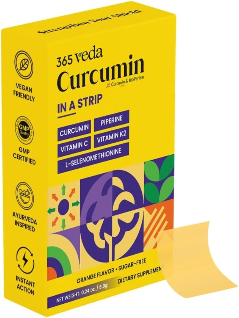 Turmeric Curcumin Strips from Turmeric Root Extract, Piperine, Vitamin C, Vitamin K2, Non GMO, Sugar Free, May Dukung Liver - 30 Oral Strips (Orange)