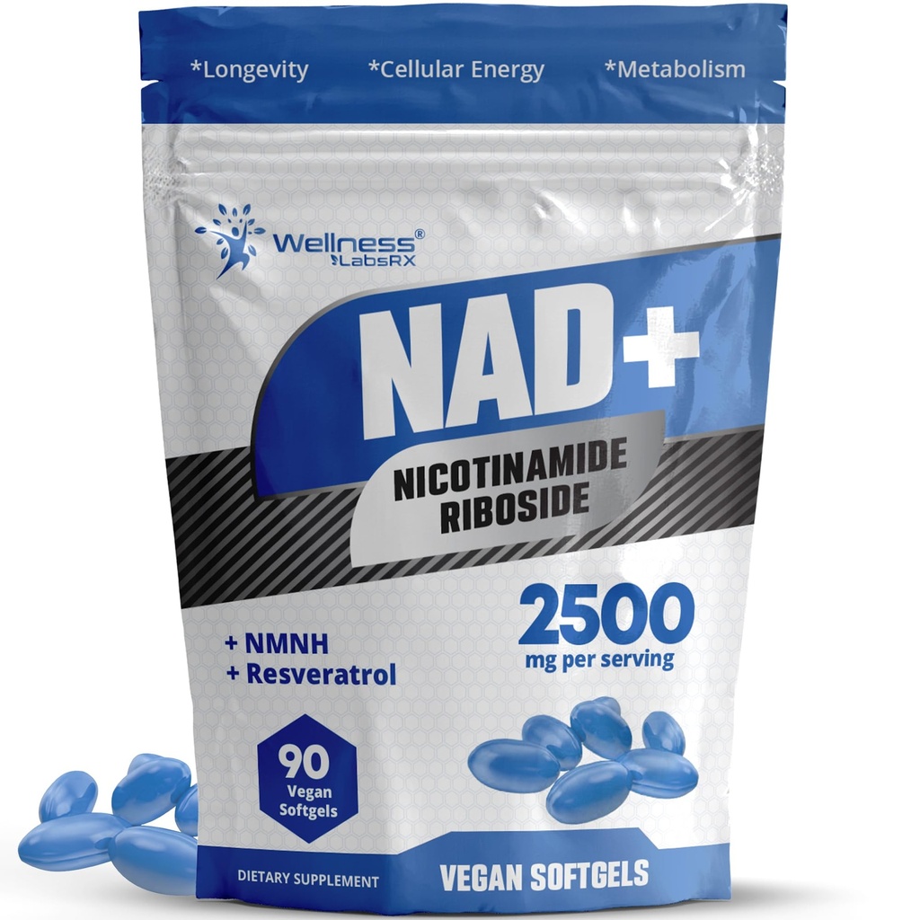 WELLNESS LABSRX Liposal NAD + Tambahan - Third-Party Test NAD Softgels Nicotinamide Resveratrol - 2500mg Suplemen NAD untuk Perempuan - Dukungan Umur Panjang - Dibuat di Amerika Serikat