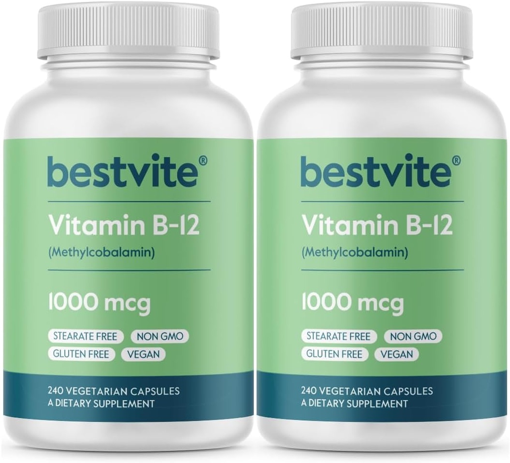 BESTVITE Vitamin B12 (Methylcobalamin) 1000mcg (480 Vegetarian Capsules) (2 x 240) (Metil B12) - Tidak Stearat - Vegan - Non GMO - Gluten Bebas